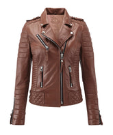 Women Biker Leather Jacket Tan freeshipping - SkinOutfit